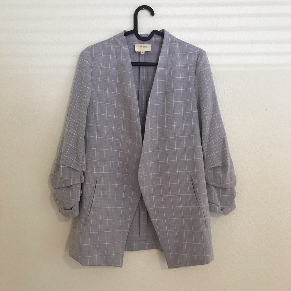 Grey Plaid Collarless Blazer